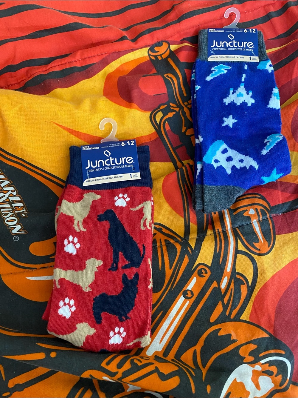 Men's Crew Socks - Red Dog Pattern & Blue Space Pattern (2-Pack)
